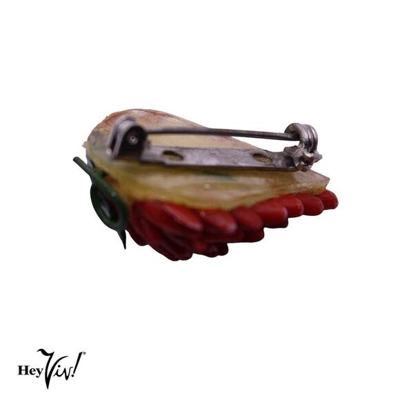 Vintage Fruit Pin 3D Shape Made from Tiny Red Shells w Leaves 1.25" - Hey Viv - Picture 3 of 4